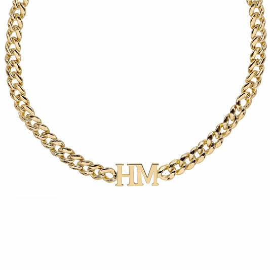Ari&Lia Single Nameplate Necklace 14k Gold over Sterling Silver / Cuban Chain Two Intial Choker Necklace with Cuban Chain NP271-S-GP