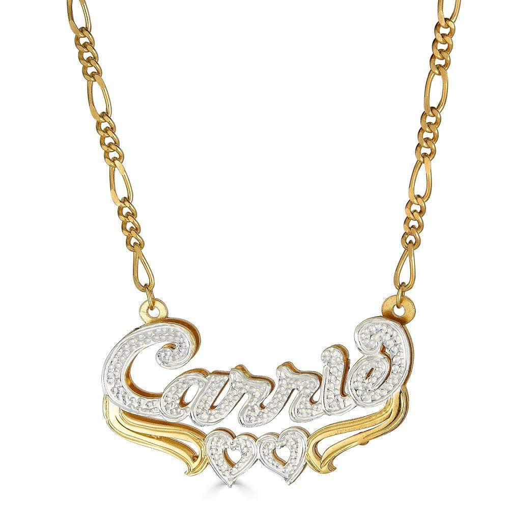 Personalized Cursive Double Name Plate Pendant with Heart Underline and Genuine Diamond 10K Gold / Yellow Gold