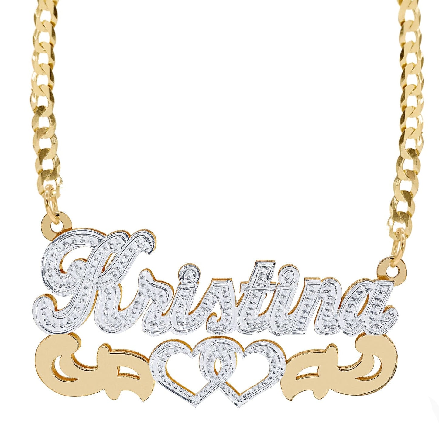 Ari&Lia Double Plated Necklaces 18K Gold Over Silver Double Heart Tail Diamond Accent Name Necklace With Curb Chain NP263-GP