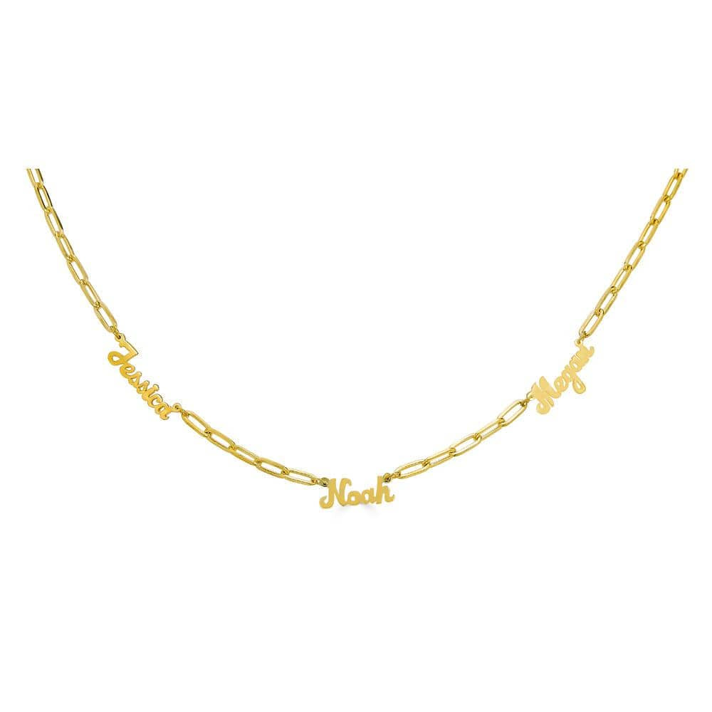 Ari&Lia PAPERCLIP COLLECTION 18K Gold Over Silver Script High Polish Three Name Necklace with Paper Clip Chain NP90043-PPC-Script-GPSS