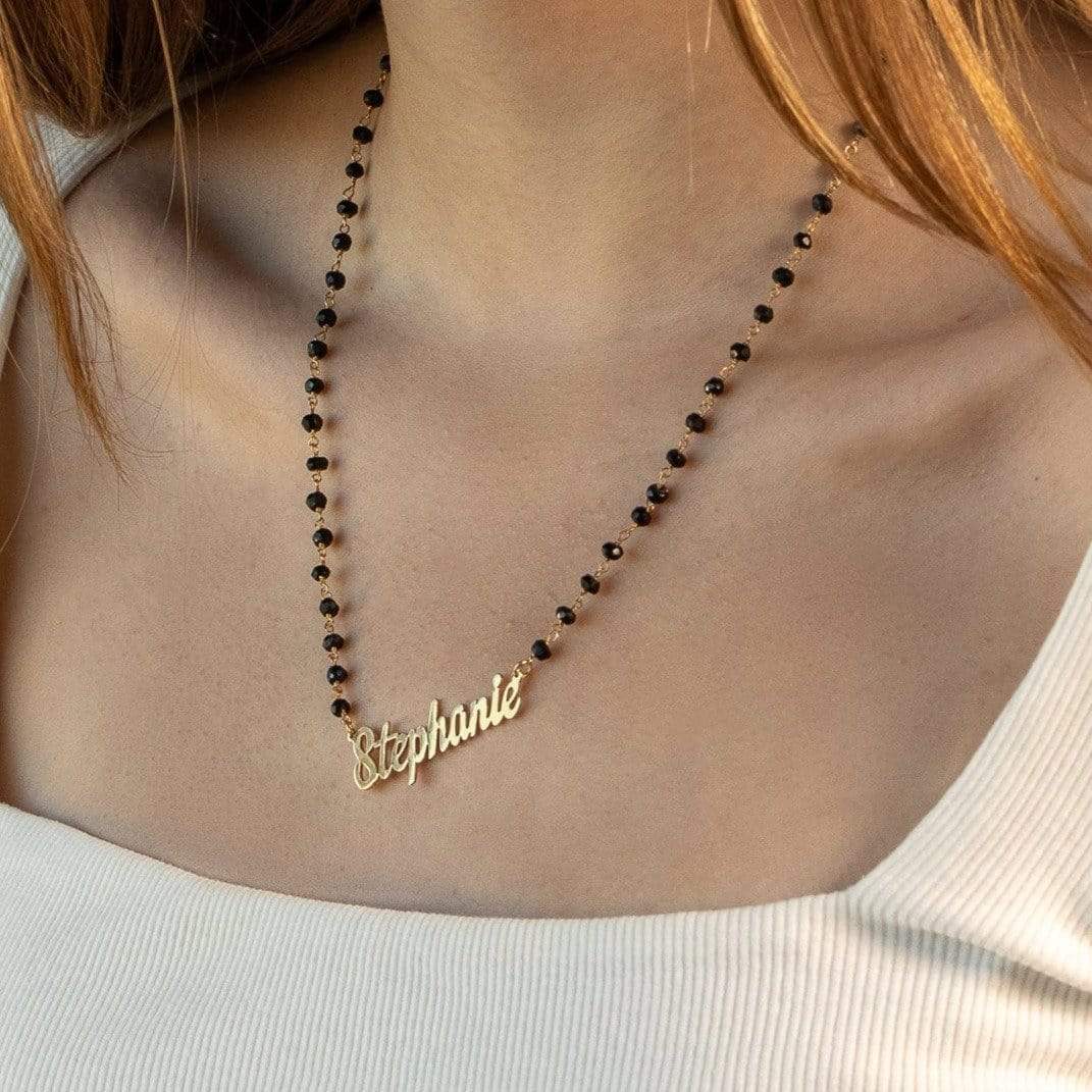 Ari&Lia Single 18K Gold Over Silver Single Script Name Necklace With Onyx Chain