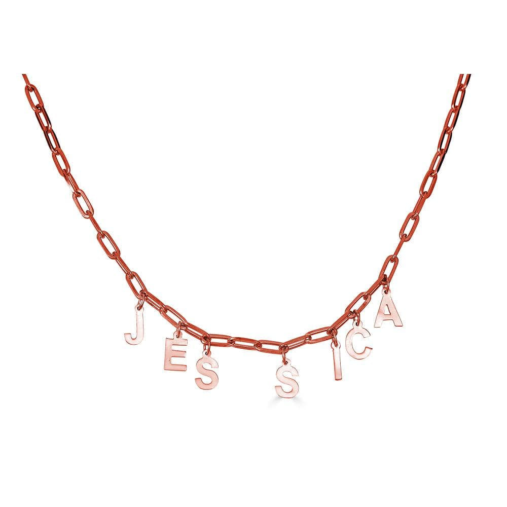 Ari&Lia PAPERCLIP COLLECTION 18K Rose Gold Over Silver Block Spaced Out Name Necklace with Paper Clip Chain P5050-PPC-RG