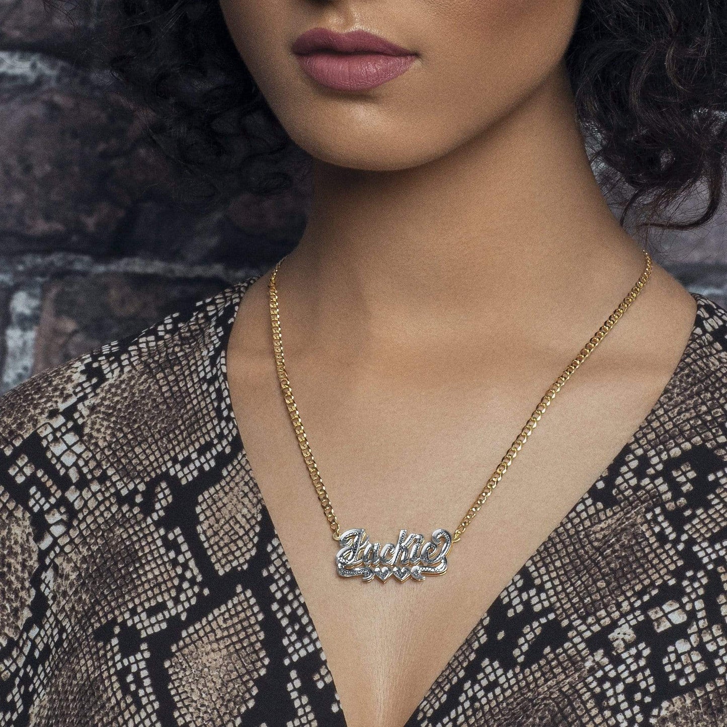 Ari&Lia Double Plated Necklaces Diamond Accent Double Name Necklace With Double Heart on Curb Chain