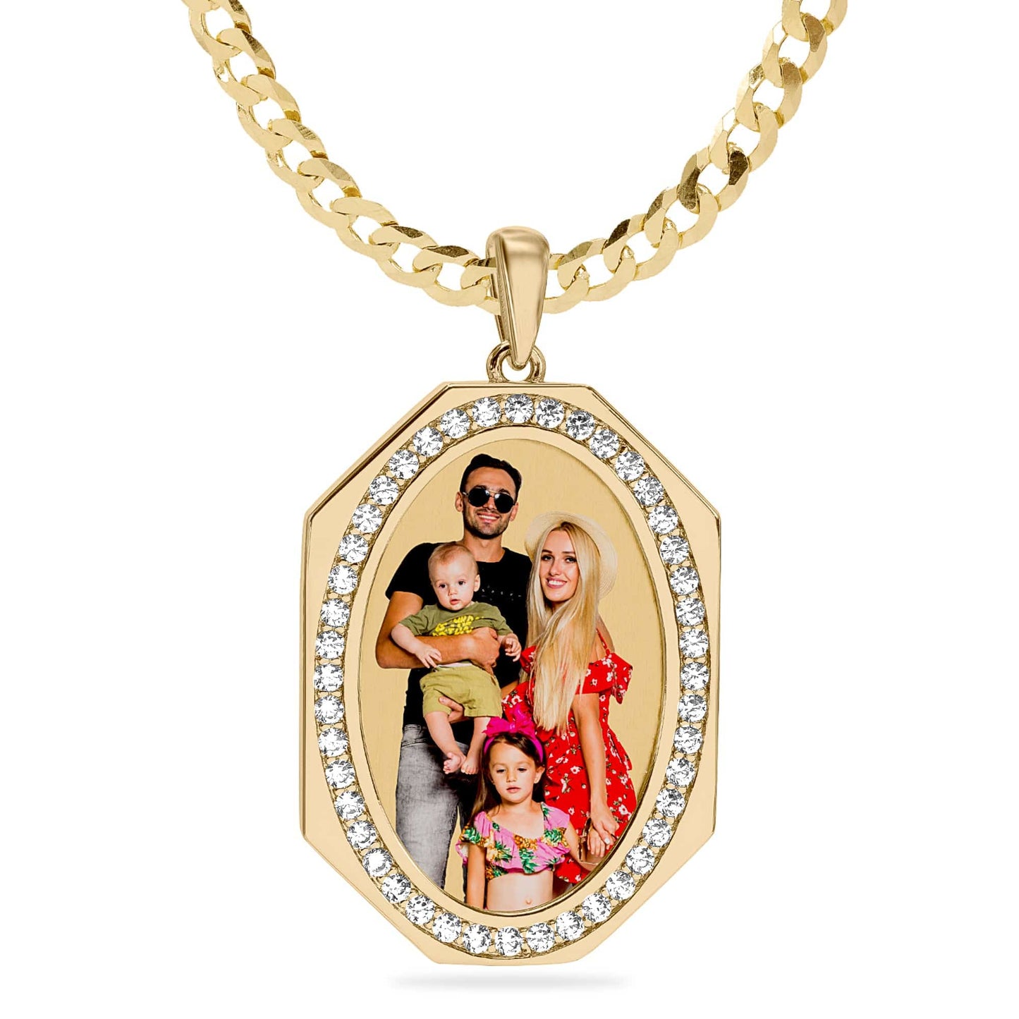 Ari&Lia Photo Pendant Gold Plated / Cuban Chain Oval Photo Pendant with Stones PP202-BR-GP