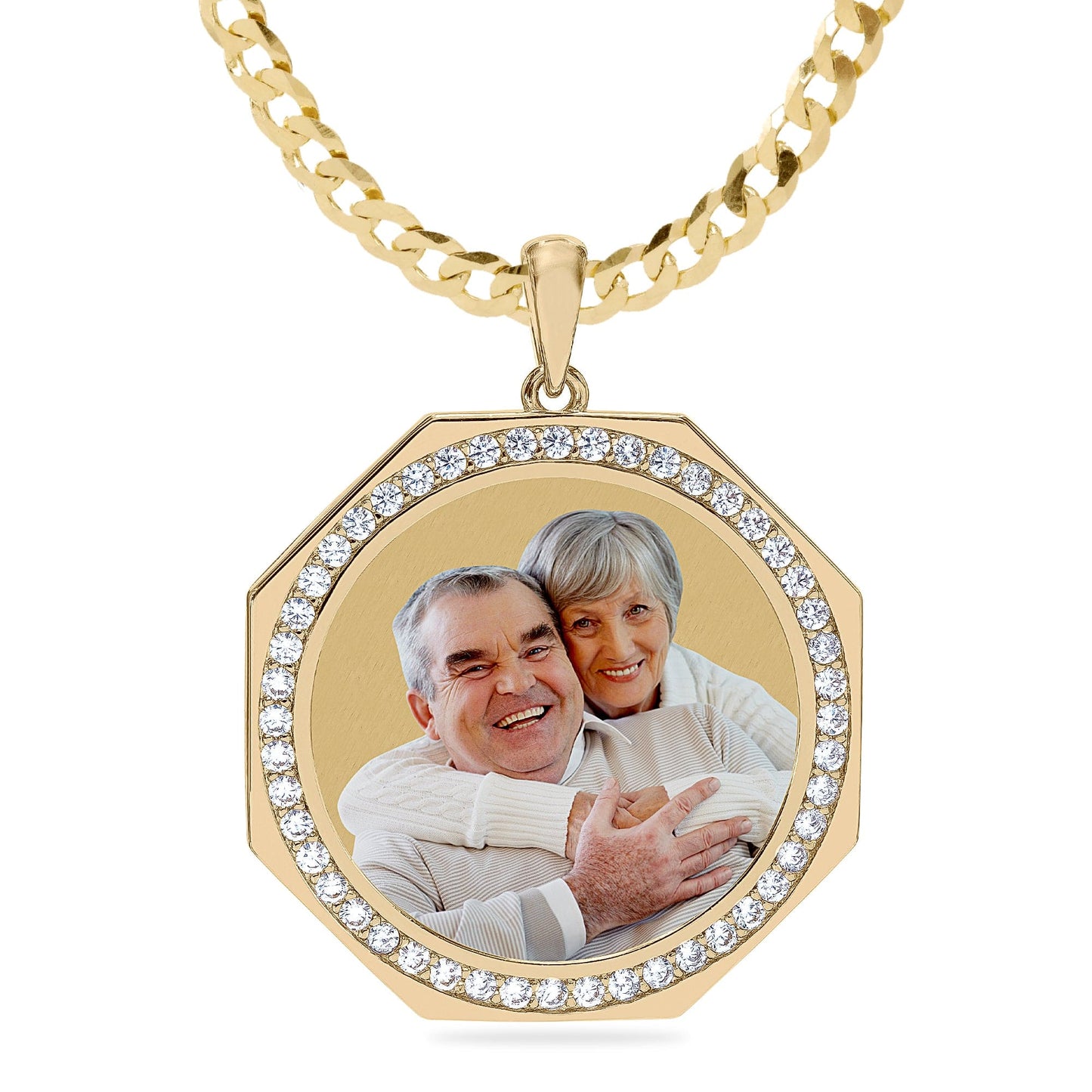 Ari&Lia Photo Pendant Gold Plated / Cuban Chain Round Photo Pendant with Stones PP201-BR-GP
