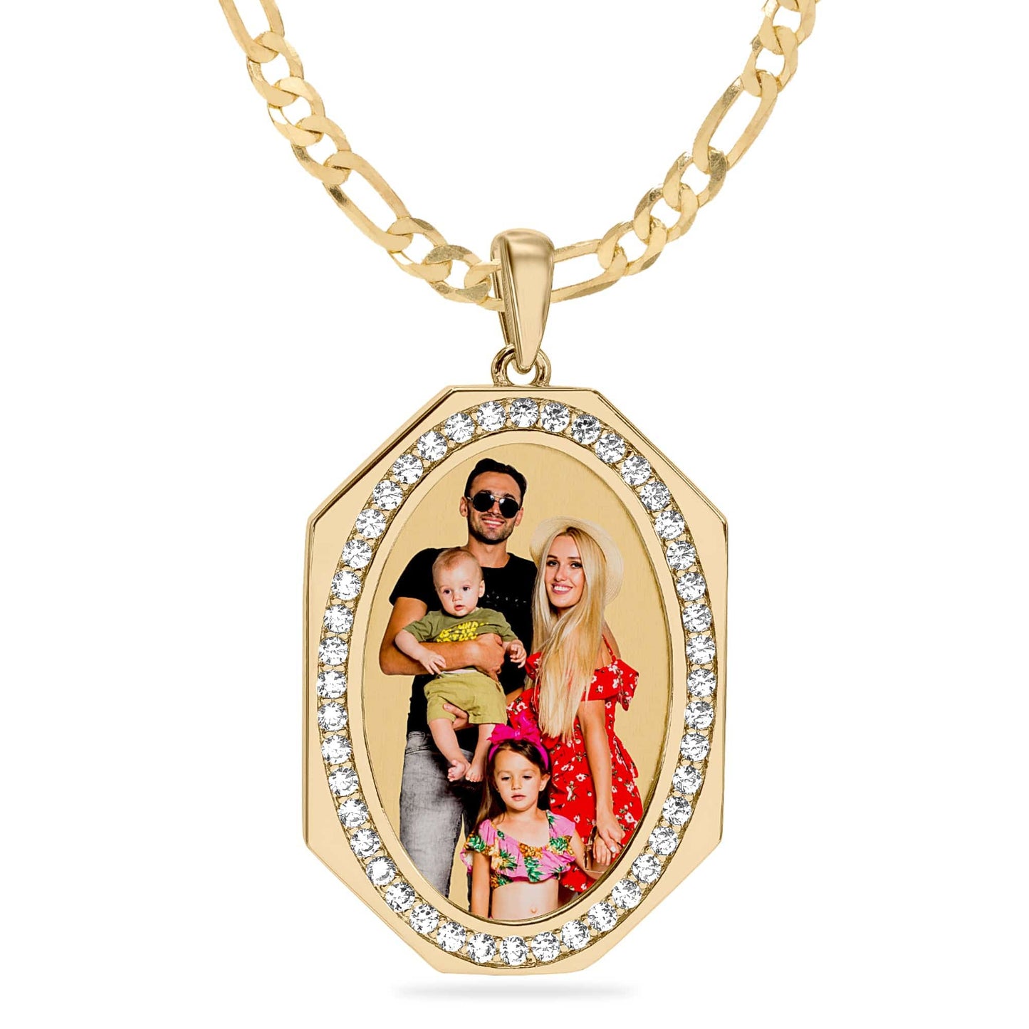 Ari&Lia Photo Pendant Gold Plated / Figaro Chain Oval Photo Pendant with Stones PP202-BR-GP