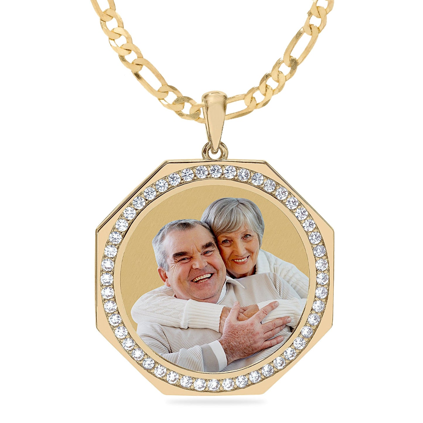 Ari&Lia Photo Pendant Gold Plated / Figaro Chain Round Photo Pendant with Stones PP201-BR-GP