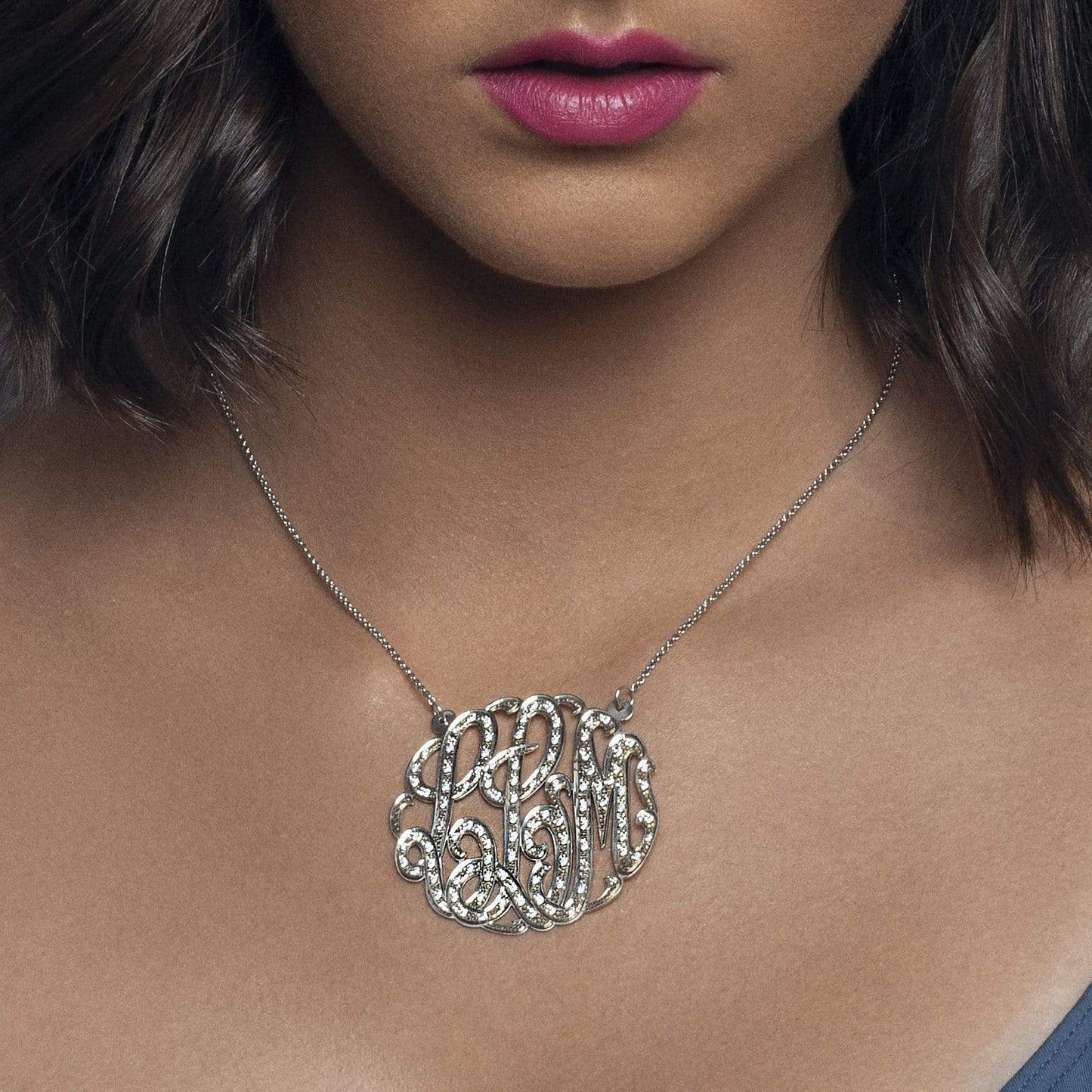 Ari&Lia Monogram & Trendy 2" Three Letter Script Monogram Necklace With 1.25 Ct Swarovski crystals