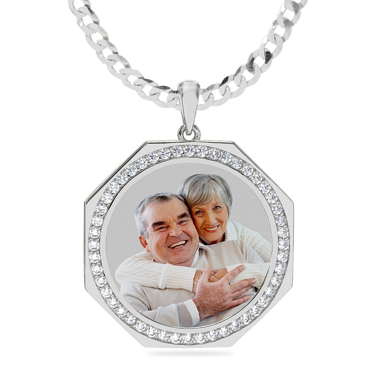 Ari&Lia Photo Pendant Silver Plated / Cuban Chain Round Photo Pendant with Stones PP201-BR-S