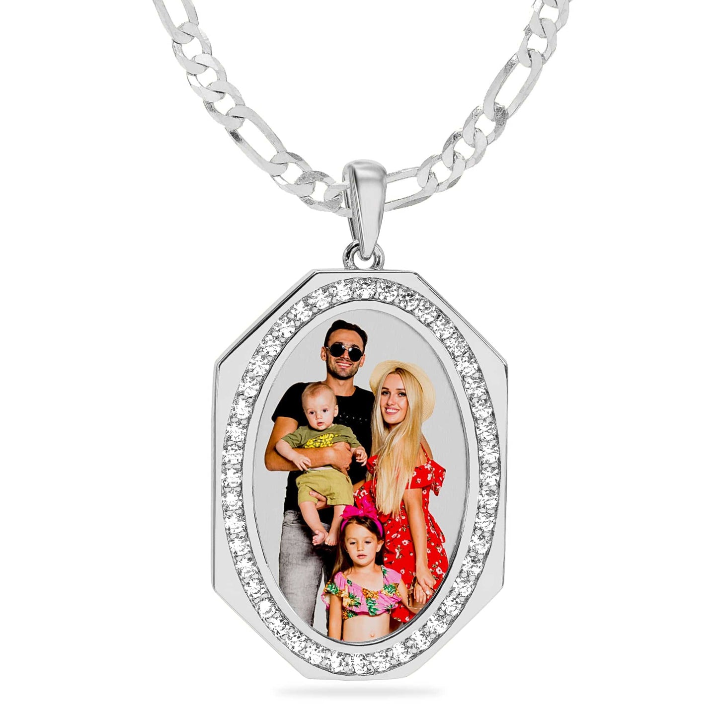 Ari&Lia Photo Pendant Silver Plated / Figaro Chain Oval Photo Pendant with Stones PP202-BR-S