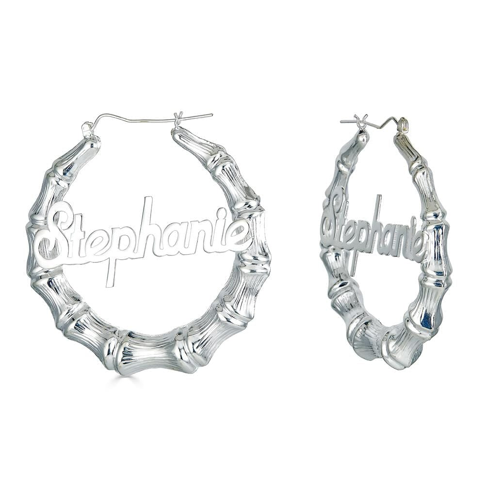 Ari&Lia Hoop Earrings Silver Plated 1.5" Bamboo Name Earrings NE90603-SS