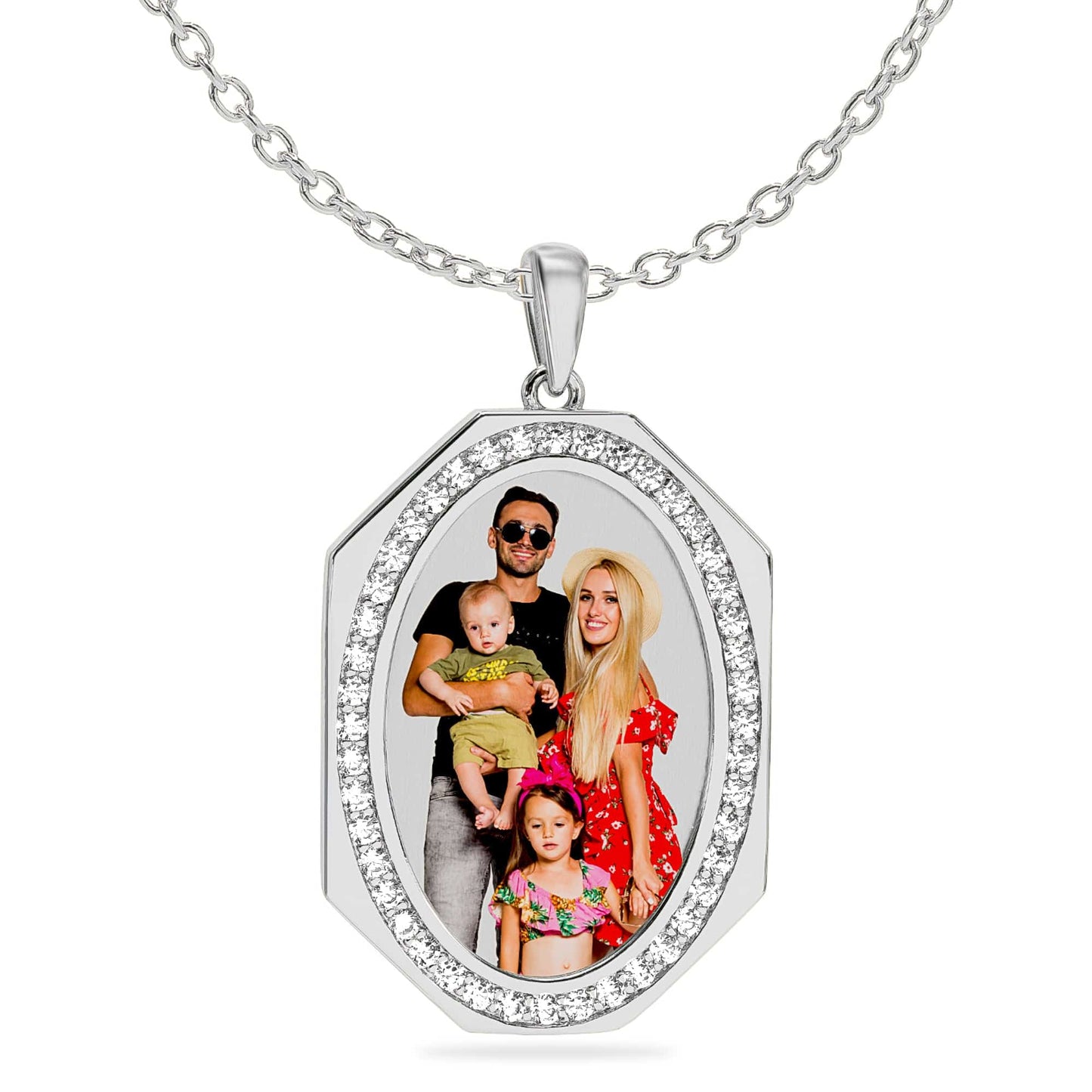 Ari&Lia Photo Pendant Silver Plated / Link Chain Oval Photo Pendant with Stones PP202-BR-S