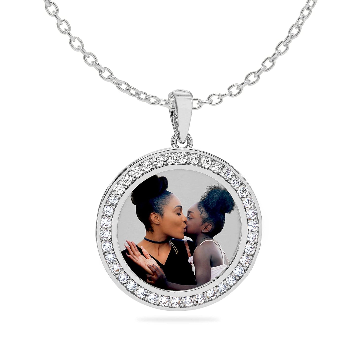 Ari&Lia Photo Pendant Silver Plated / Link Chain Round Photo Pendant with Stones PP204-BR-S