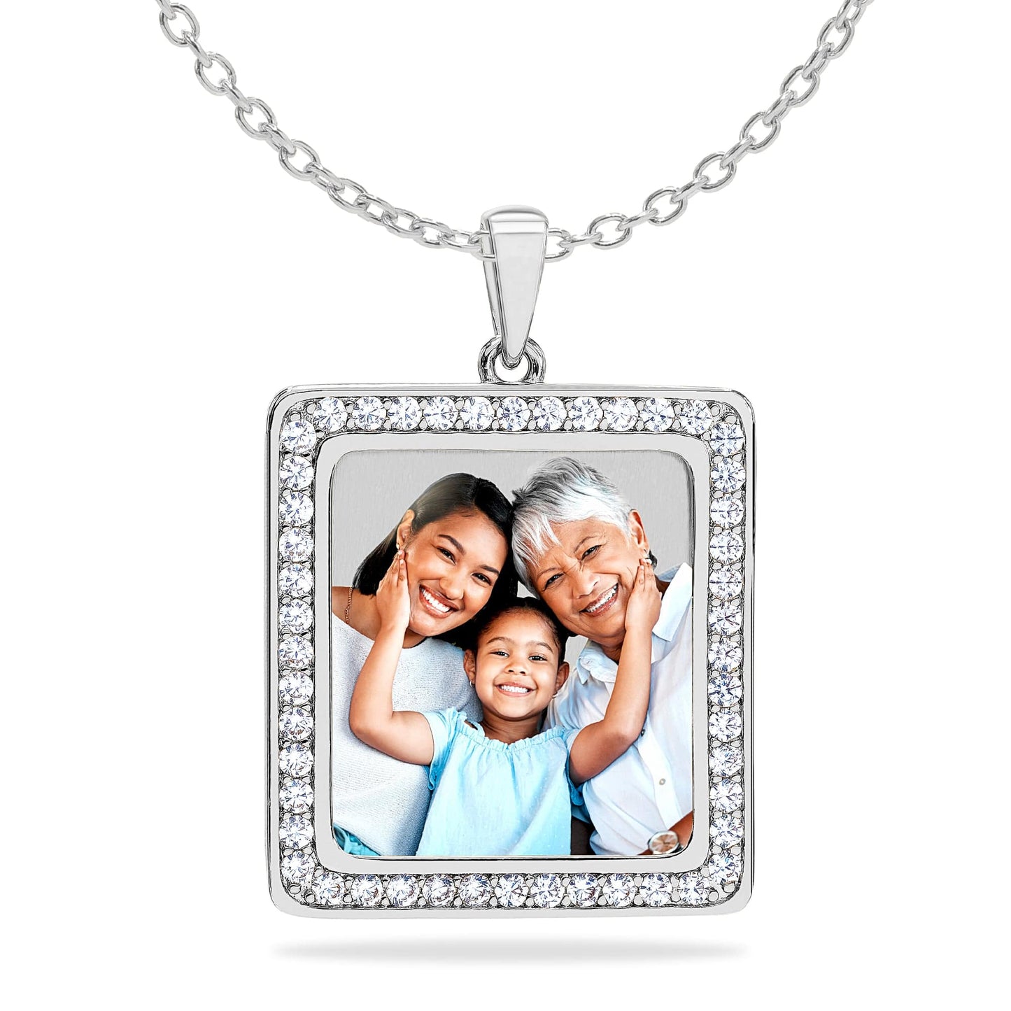 Ari&Lia Photo Pendant Silver Plated / Link Chain Square Photo Pendant with Stones PP205-BR-S