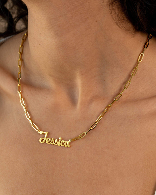 Ari&Lia 14K Name Necklace 14K Yellow GOld 14K Single Plated Script High Polish Name Necklace with Paper Clip Chain NP90580-PPC-GPSS