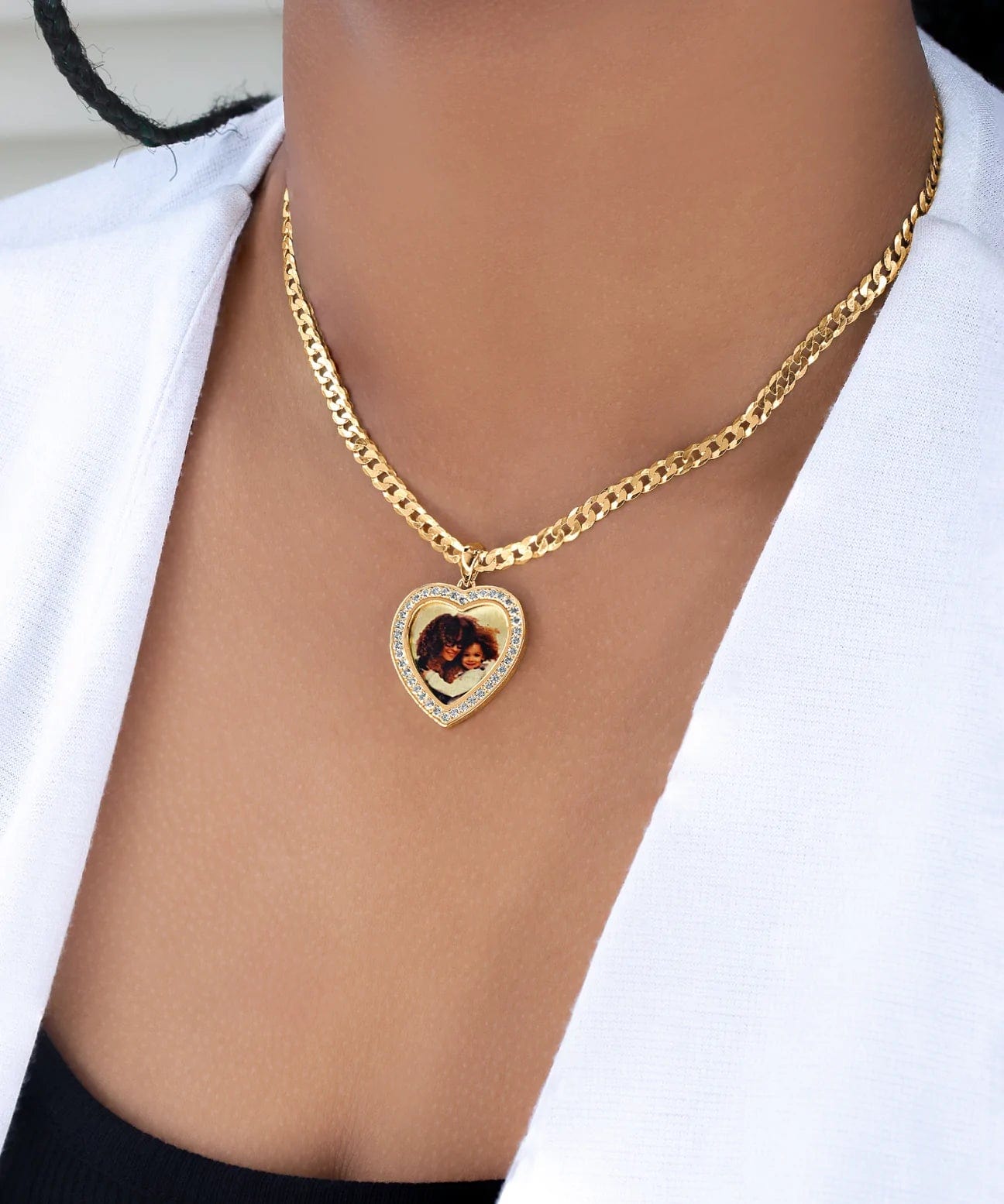 Ari&Lia Photo Pendant 18K Gold Over Silver / Cuban Chain Iced Out Heart Shaped Photo Pendant PP203-GPSS