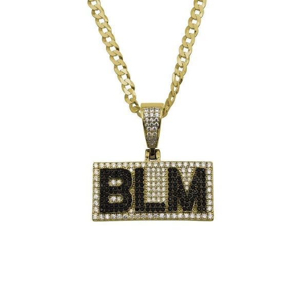 Ari&Lia MENS 18K Gold Over Silver BLM Pendant With Curb Chain. 2.5 Cubic Zirconia BLM-GPSS
