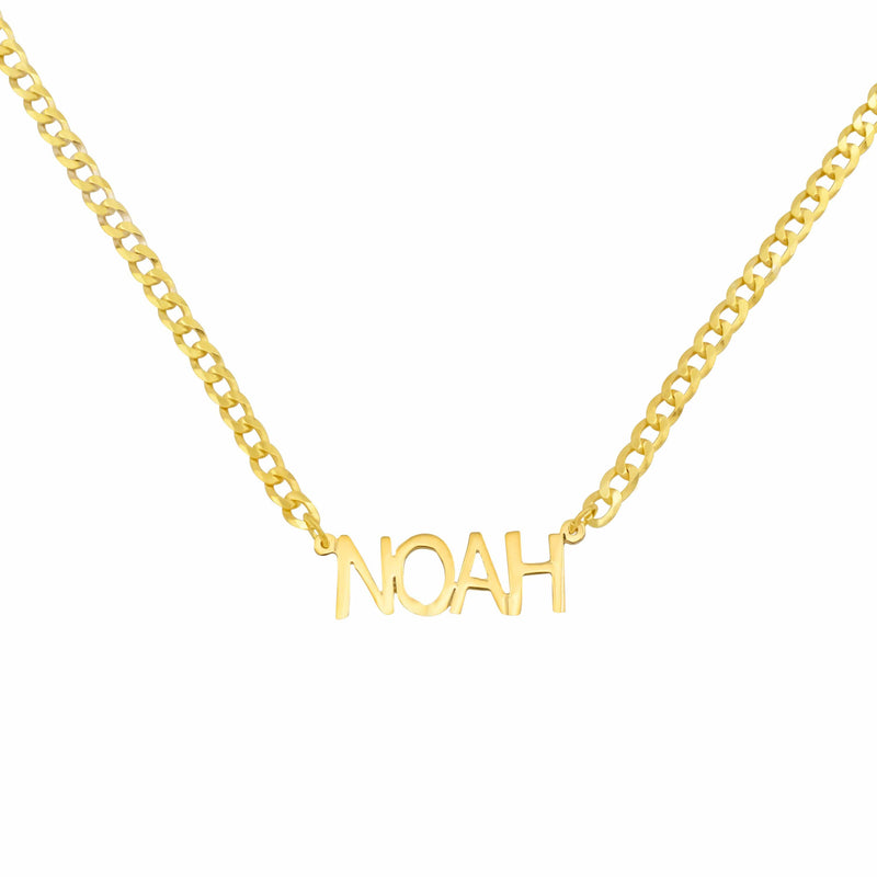 Ari&Lia MENS 18K Gold Over Silver Single Block Name Necklace with Curb Chain