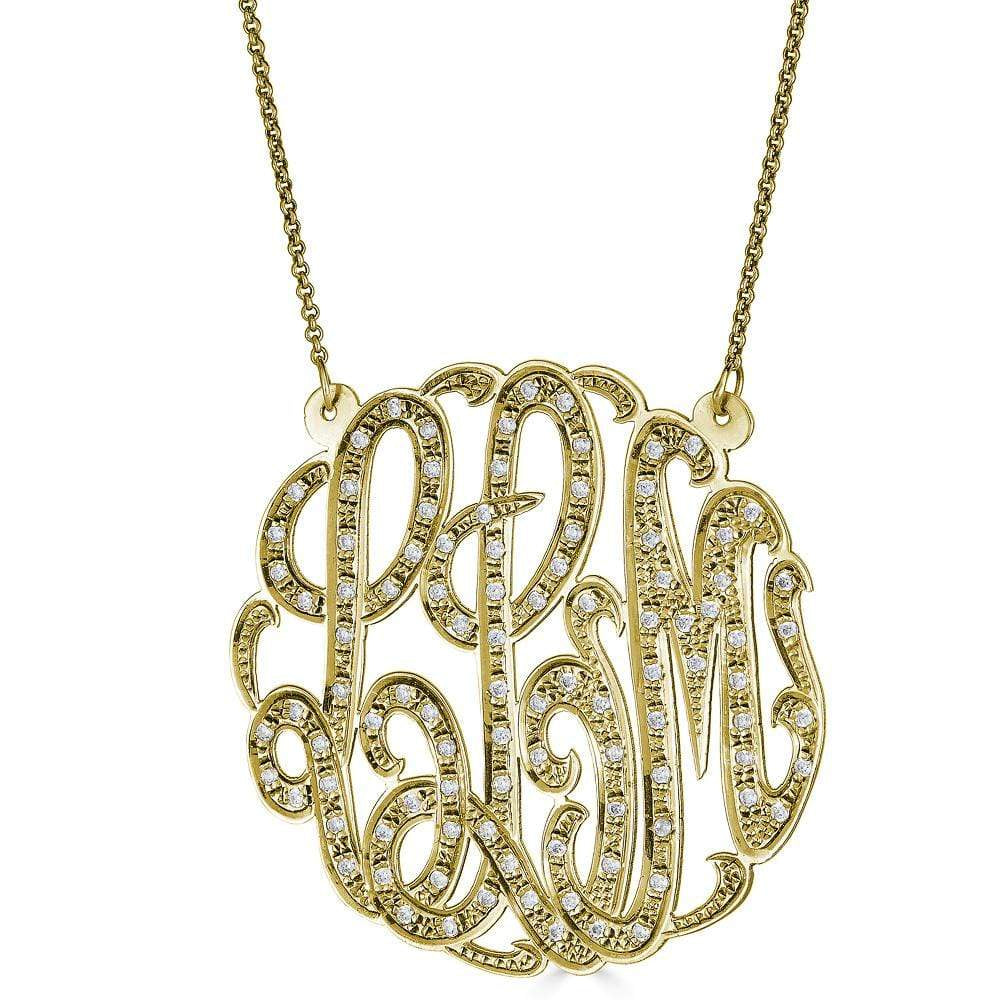 Ari&Lia Monogram & Trendy 18K Gold Over Silver 2" Three Letter Script Monogram Necklace With 1.25 Ct Diamonds ZC90831L-A-GPSS