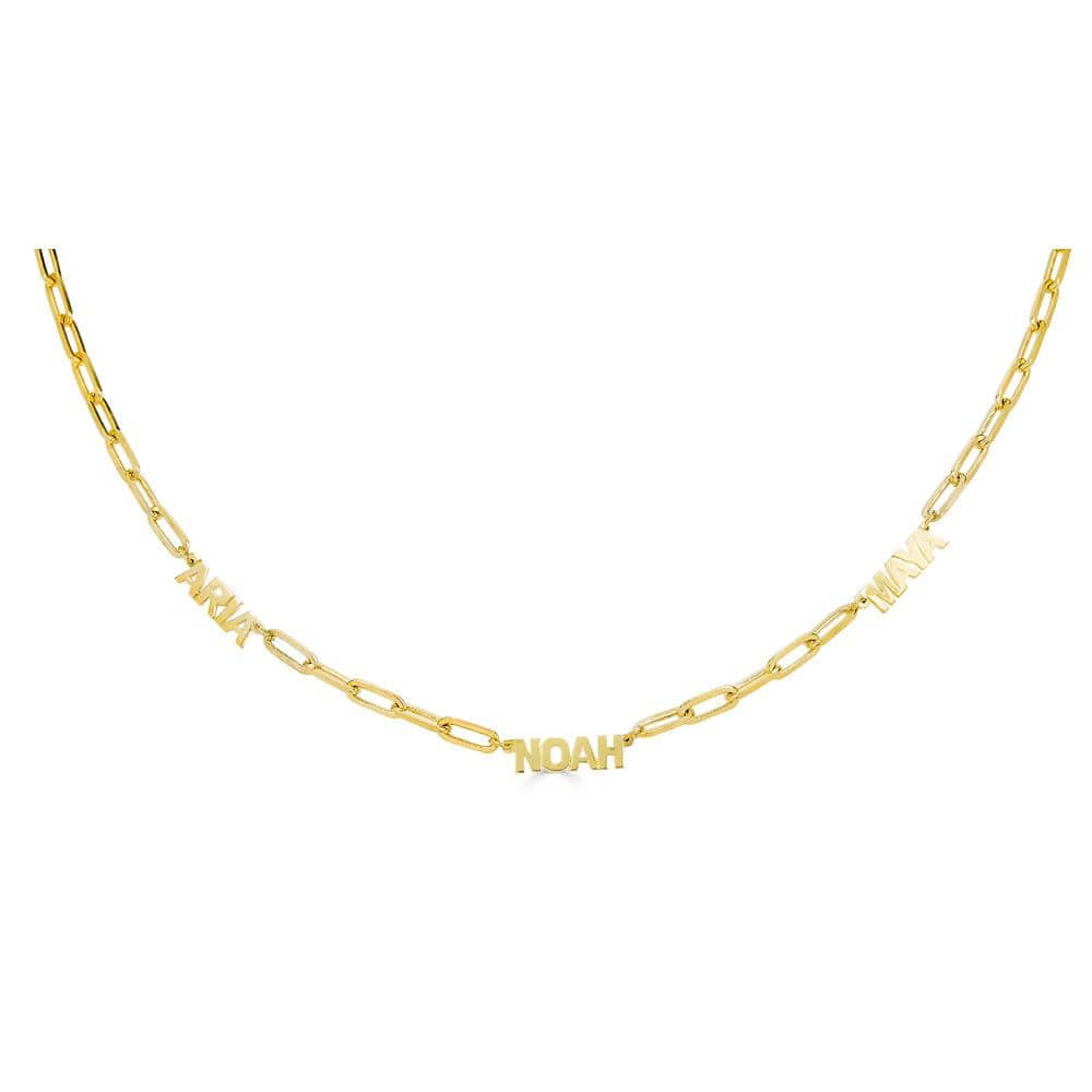 Ari&Lia PAPERCLIP COLLECTION 18K Gold Over Silver Block High Polish Three Name Necklace with Paper Clip Chain NP90043-PPC-BLOCK-GPSS