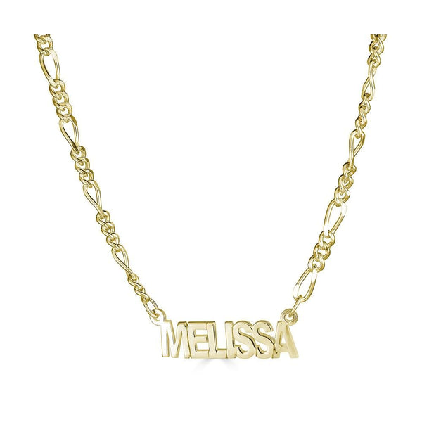 Ari&Lia Single 18K Gold Over Silver Single Block Name Necklace with Figaro Chain NP5-GPSS