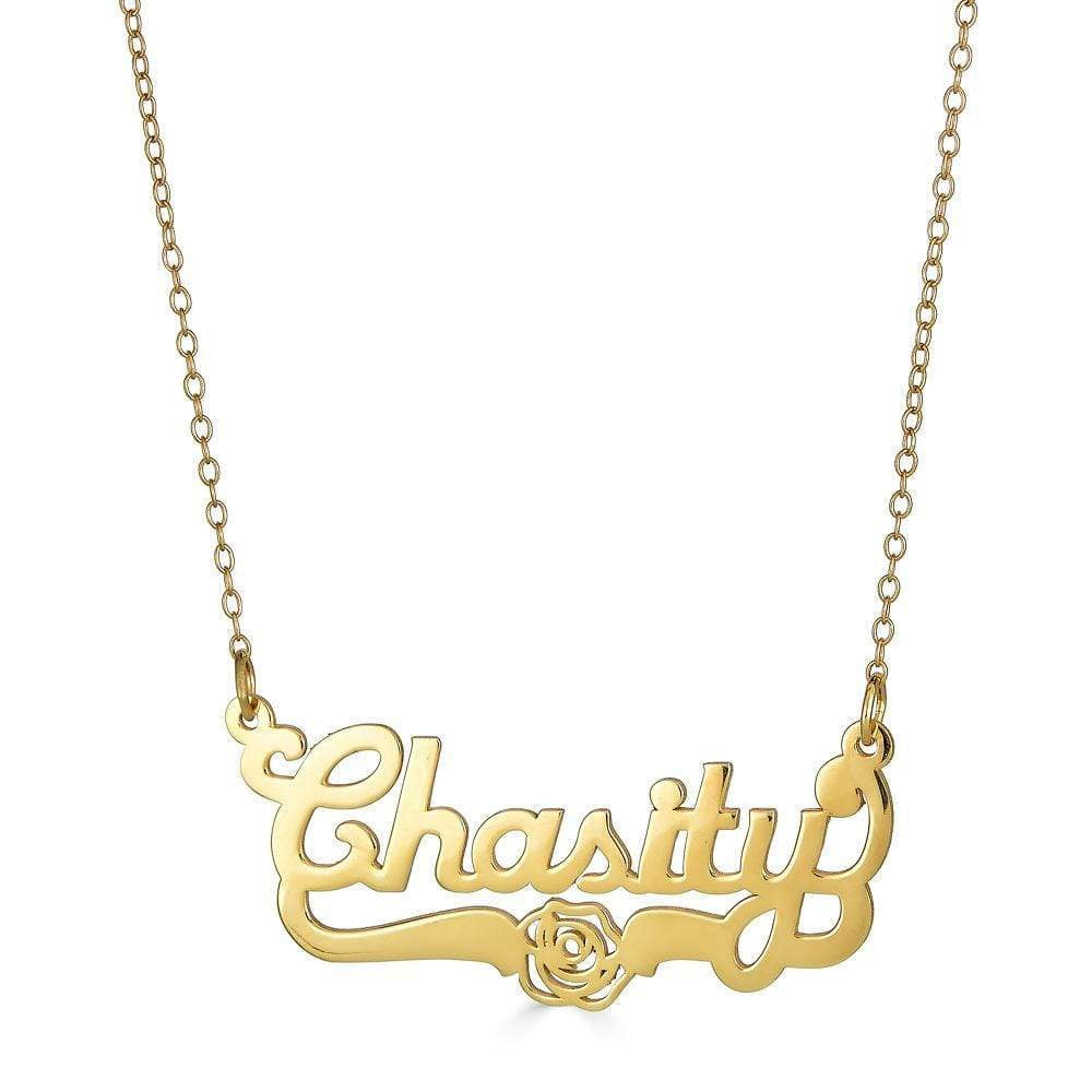 Ari&Lia Single 18K Gold Over Silver Single Script Name Necklace with Flower Design NP90582-GPSS