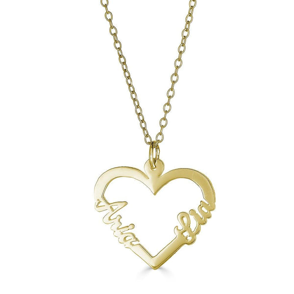 Ari&Lia Trendy 18K Gold Over Silver Double Name Script Heart Pendant NP10075-GPSS