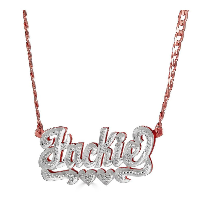 Ari&Lia Double Plated Necklaces 18K Rose Gold Over Silver Diamond Accent Double Name Necklace With Double Heart on Curb Chain 08Q4025-CURB-RG