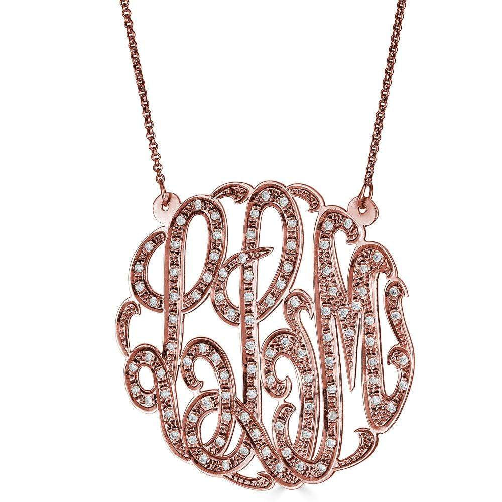 Ari&Lia Monogram & Trendy 18K Rose Gold Over Silver 2" Three Letter Script Monogram Necklace With 1.25 Ct Diamonds ZC90831L-A-RG