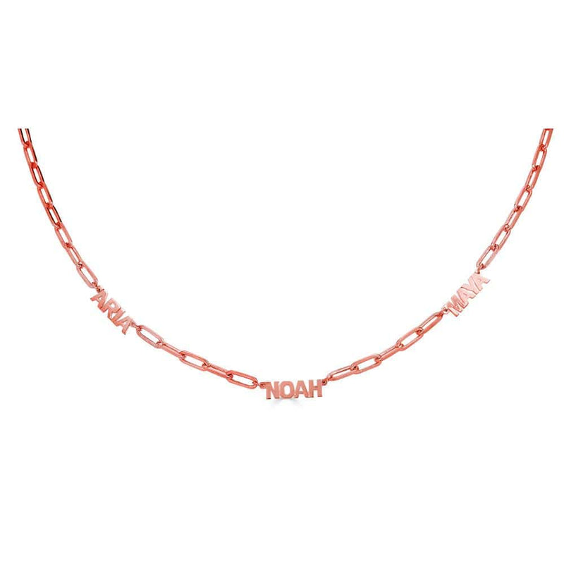 Ari&Lia PAPERCLIP COLLECTION 18K Rose Gold Over Silver Block High Polish Three Name Necklace with Paper Clip Chain NP90043-PPC-BLOCK-RG