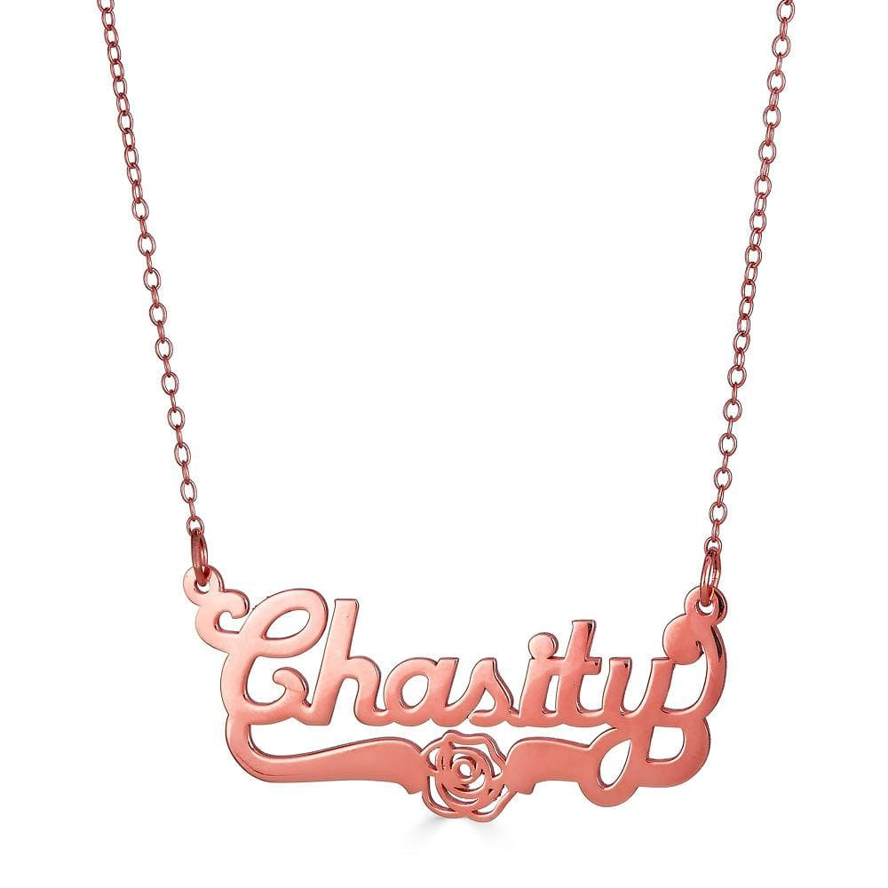 Ari&Lia Single 18K Rose Gold Over Silver Single Script Name Necklace with Flower Design NP90582-RG
