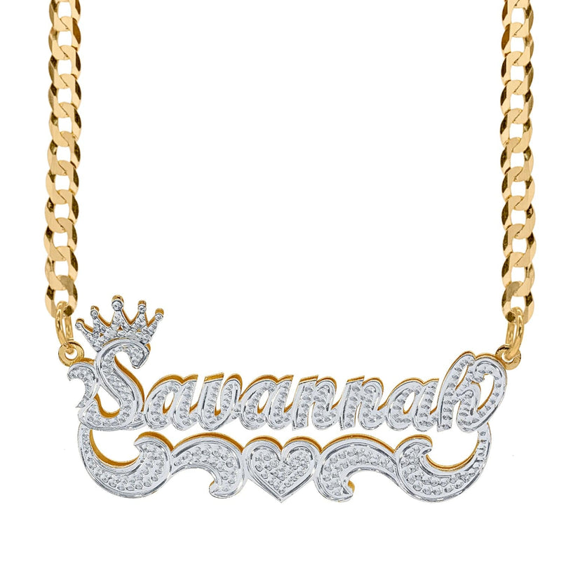 Ari&Lia Double Plated Necklaces Crown Diamond Accent Double Name Necklace With Curb Chain
