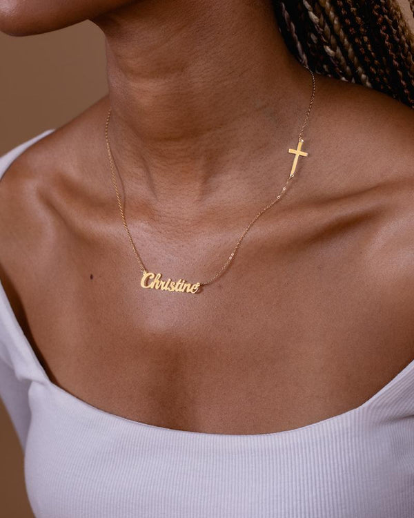 Ari&Lia Double Plated Necklaces Single Script Name Necklace with Cross