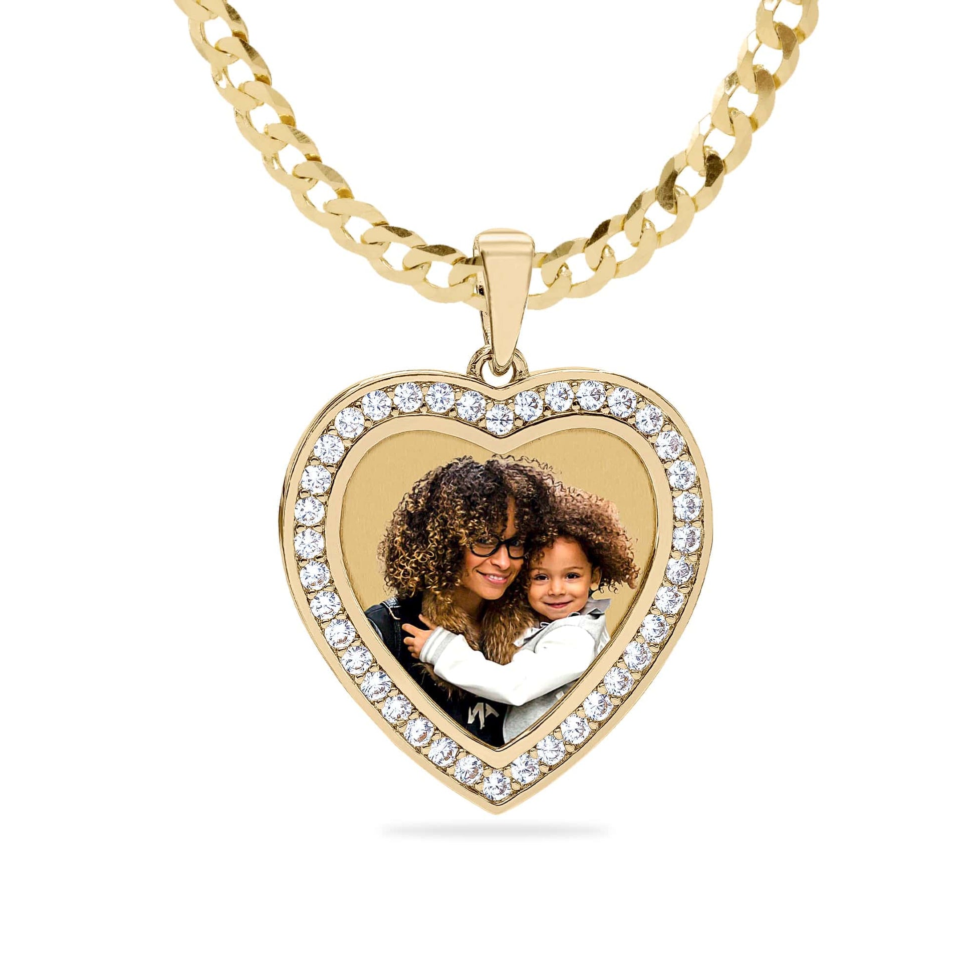 Ari&Lia Photo Pendant Gold Plated / Cuban Chain Heart Shaped Photo Pendant with Stones PP203-BR-GP