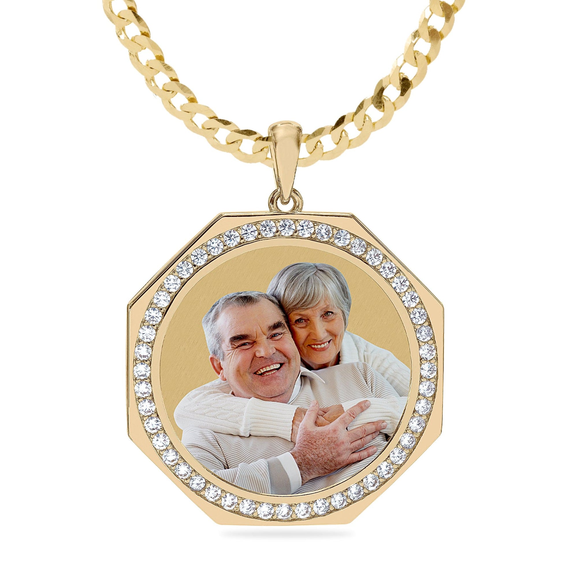 Ari&Lia Photo Pendant Gold Plated / Cuban Chain Round Photo Pendant with Stones PP201-BR-GP