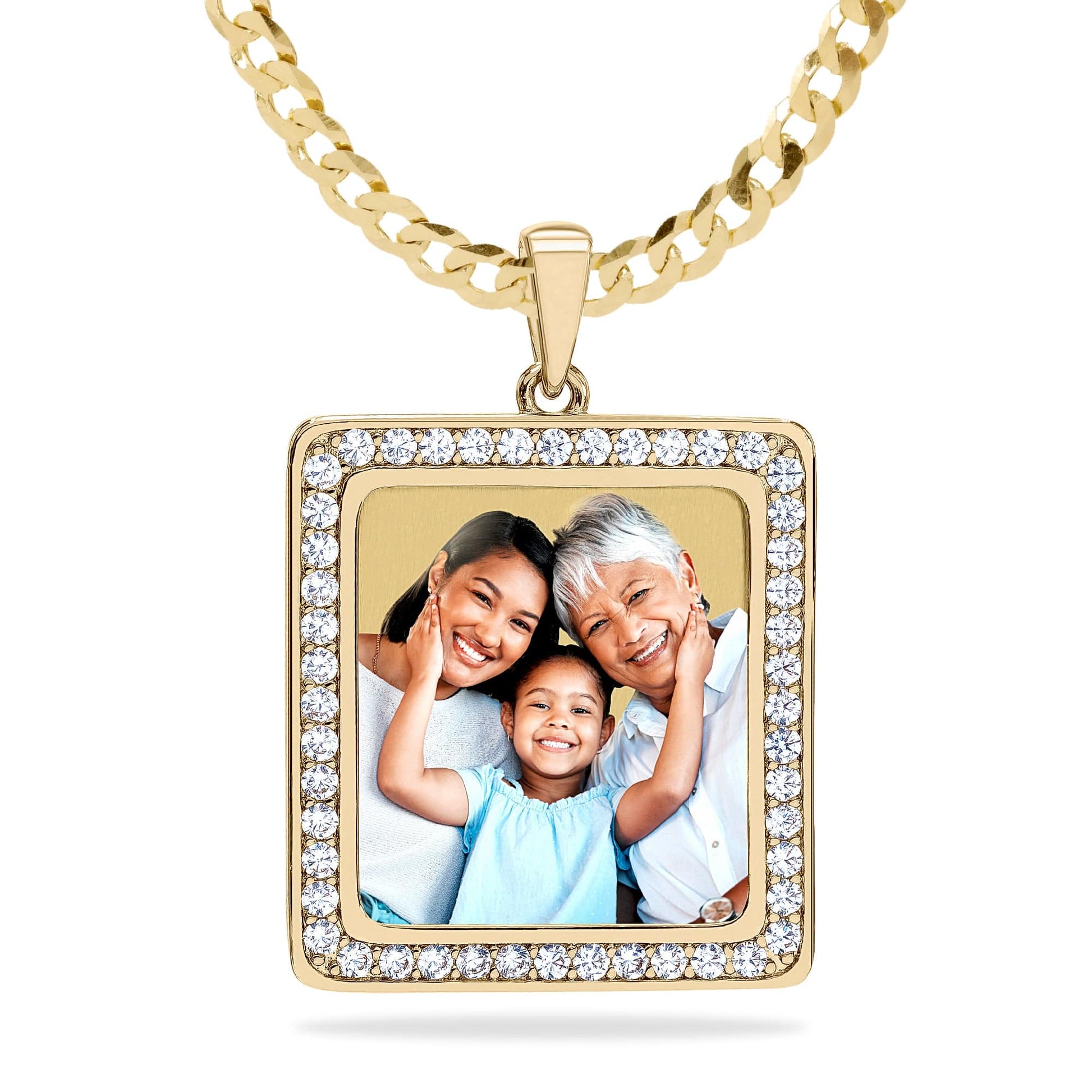 Ari&Lia Photo Pendant Gold Plated / Cuban Chain Square Photo Pendant with Stones PP205-BR-GP