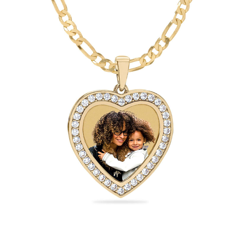 Ari&Lia Photo Pendant Gold Plated / Figaro Chain Heart Shaped Photo Pendant with Stones PP203-BR-GP