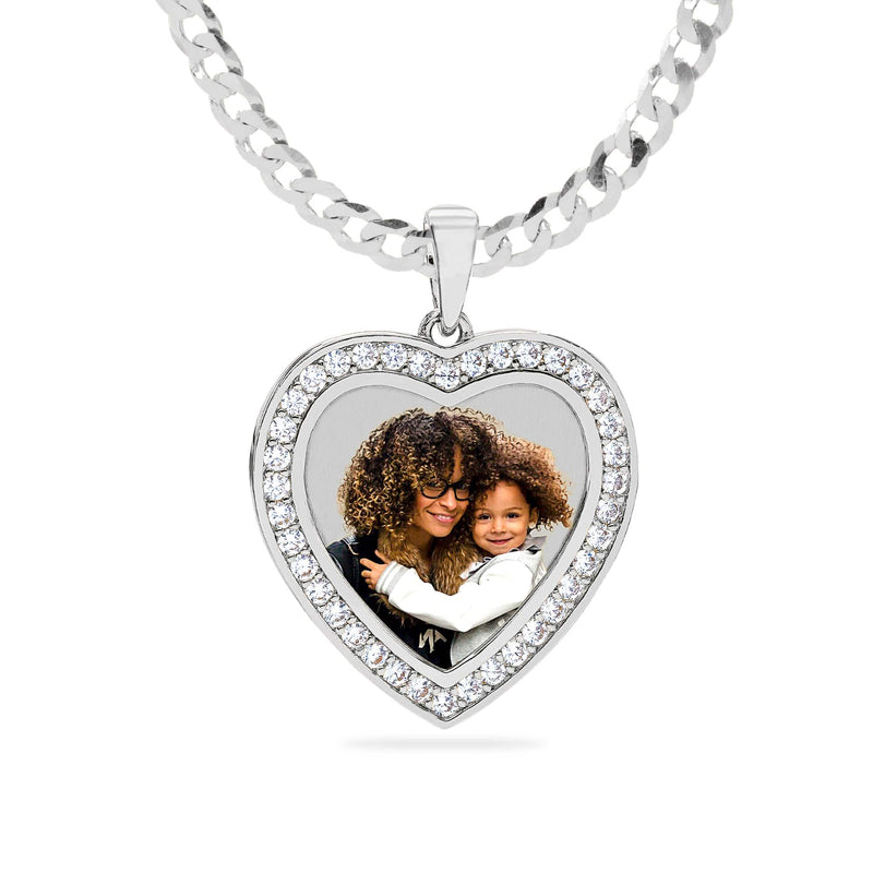 Ari&Lia Photo Pendant Silver Plated / Cuban Chain Heart Shaped Photo Pendant with Stones PP203-BR-S