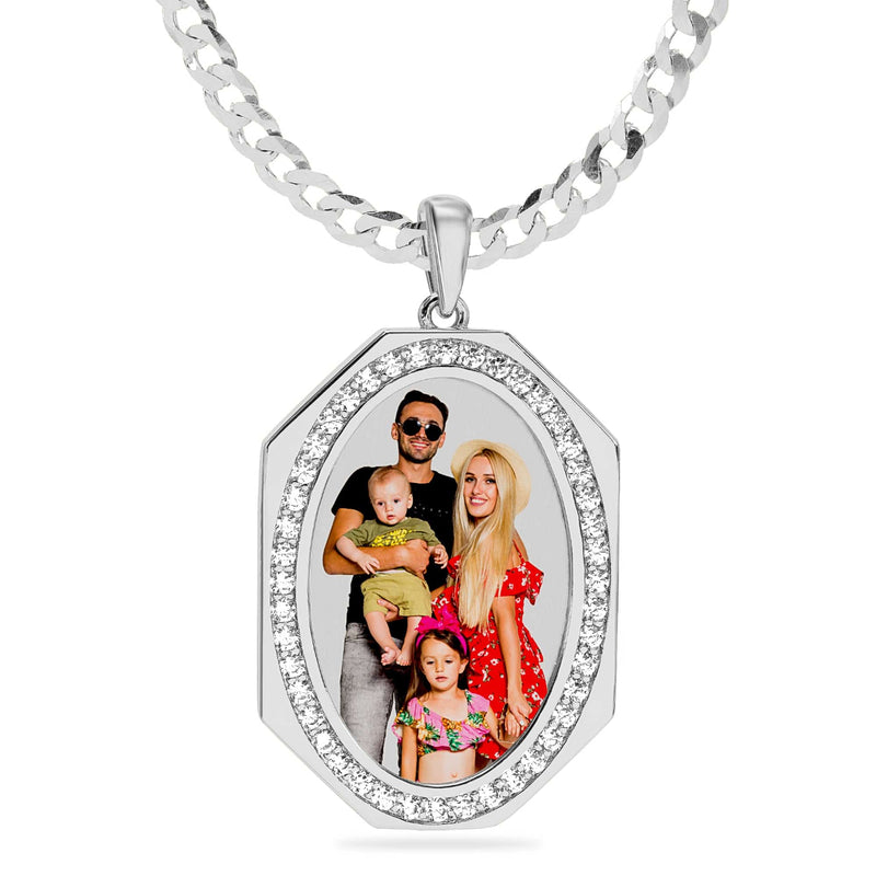 Ari&Lia Photo Pendant Silver Plated / Cuban Chain Oval Photo Pendant with Stones PP202-BR-S