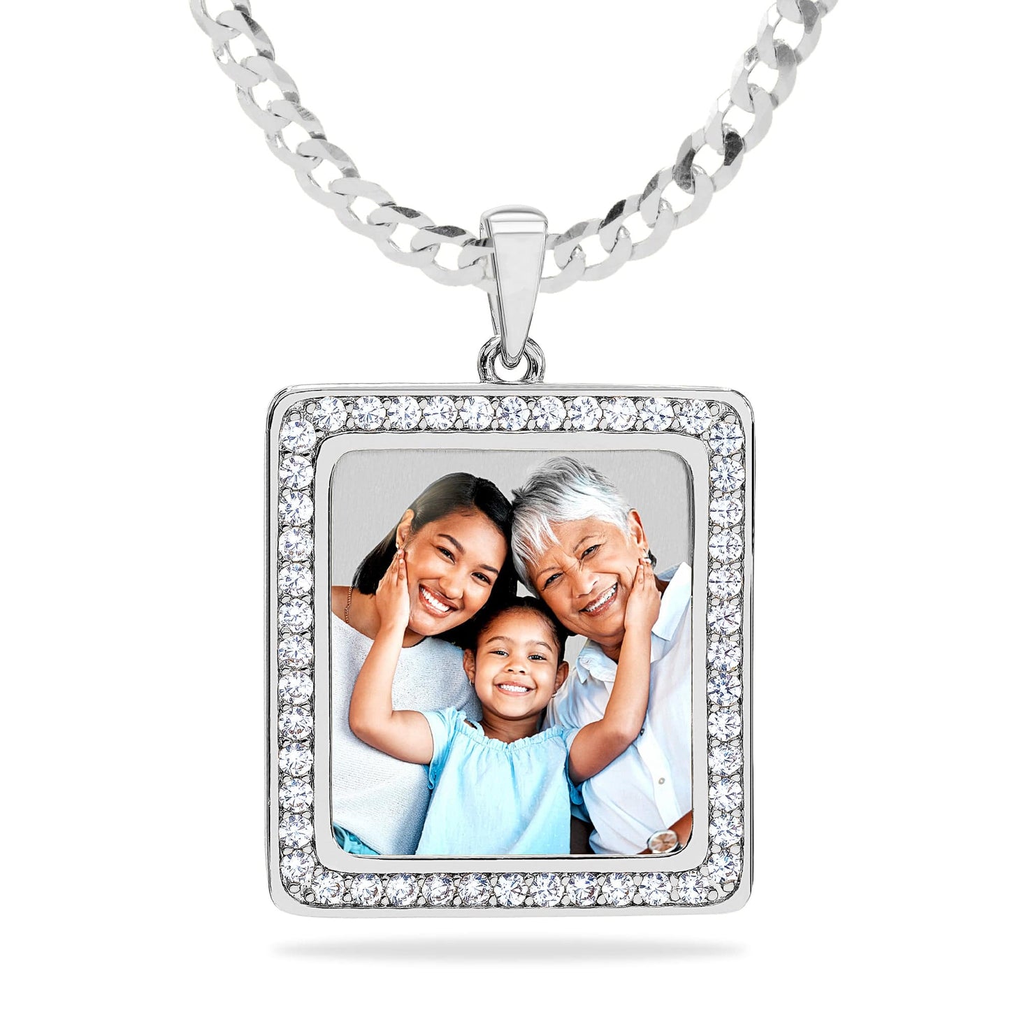 Ari&Lia Photo Pendant Silver Plated / Cuban Chain Square Photo Pendant with Stones PP205-BR-S