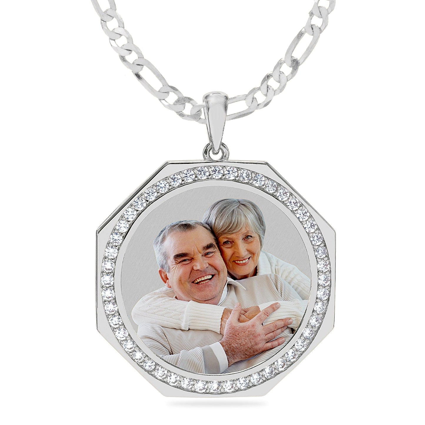 Ari&Lia Photo Pendant Silver Plated / Figaro Chain Round Photo Pendant with Stones PP201-BR-S