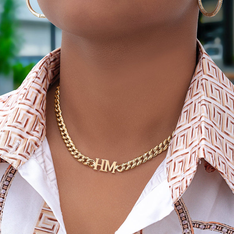 Ari&Lia Single Nameplate Necklace Two Intial Choker Necklace with Cuban Chain