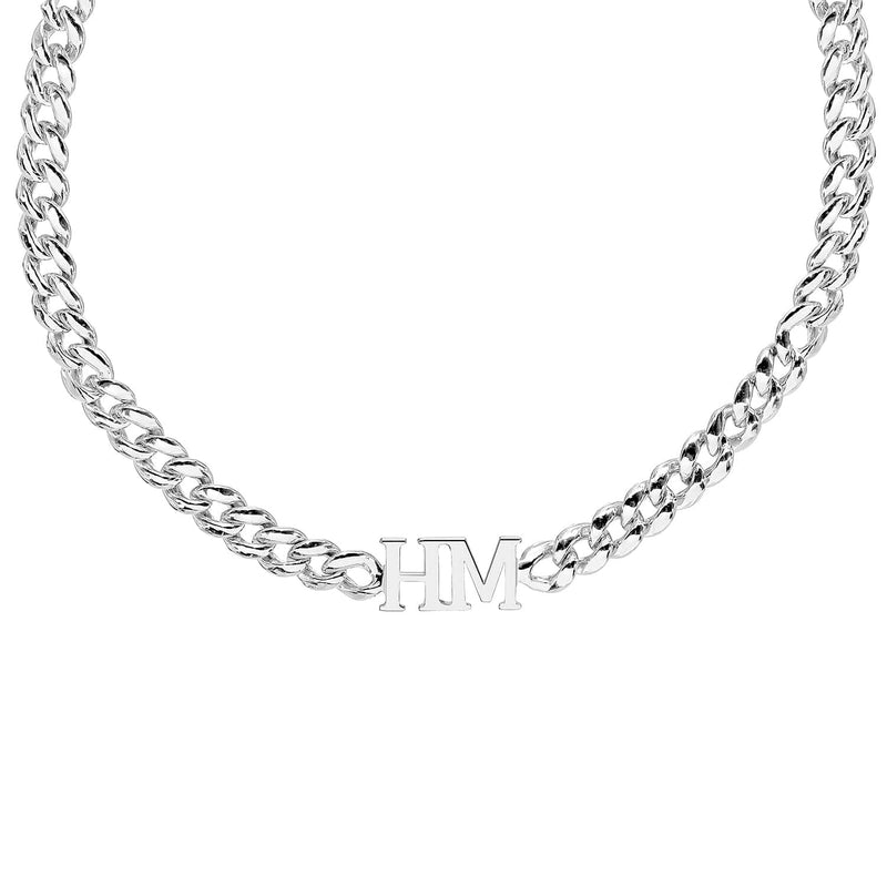 Ari&Lia Single Nameplate Necklace Sterling Silver / Cuban Chain Two Intial Choker Necklace with Cuban Chain NP271-S-S