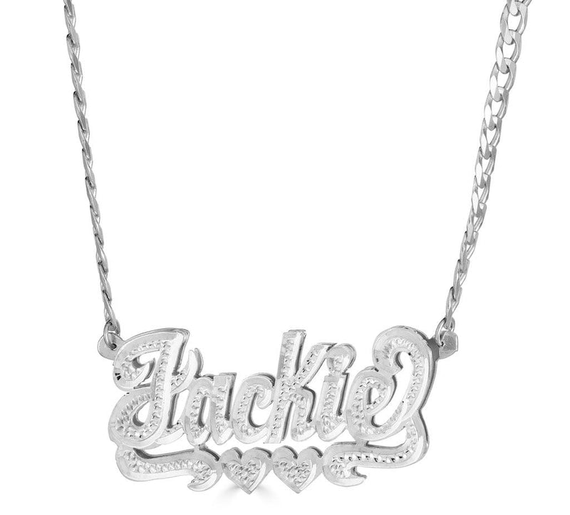 Ari&Lia Double Plated Necklaces Sterling Silver Diamond Accent Double Name Necklace With Double Heart on Curb Chain 08Q4023-CURB-SS