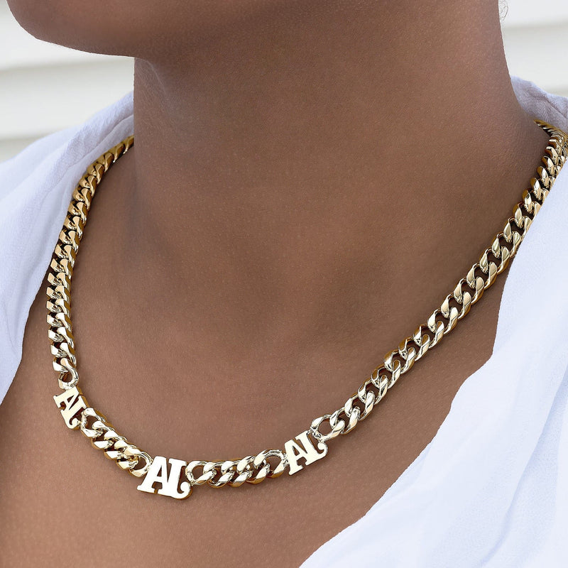 MonogramHub.com Single Nameplate Necklace Gold tone stainless steel / Cuban chain / 10mm Stainless Steel Cuban Chain with 6 Initials Necklace NP292-3-S-GP